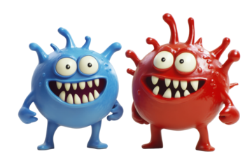 Isolated Pair of Smiling Blue and Red Cartoon Virus Characters