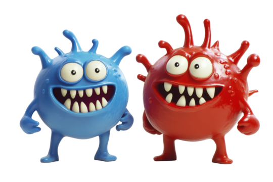 Isolated Pair of Smiling Blue and Red Cartoon Virus Characters