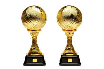 Isolated Pair of Golden Trophies Featuring Detailed Volleyball Design
