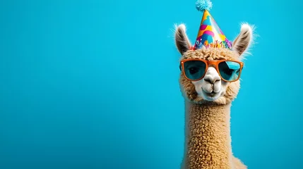 Fototapeten Adorable Alpaca Wearing Sunglasses Festive Birthday Party Hat Fun Cool Summer Animal Portrait Blue Background Happy Celebration Cute Fluffy Pet Image  © Harry
