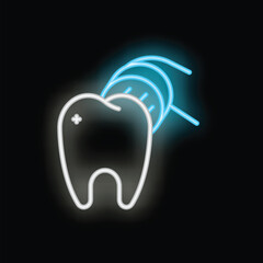 Neon sign promoting oral hygiene is glowing blue and white on a black background