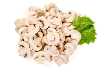 Sliced champignons, close-up, isolated on white background