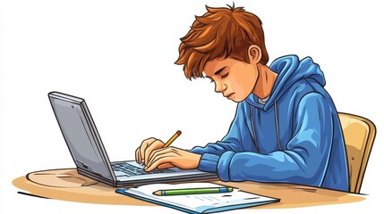 Young Boy Studying at Laptop with Notepad and Pencil in Classroom