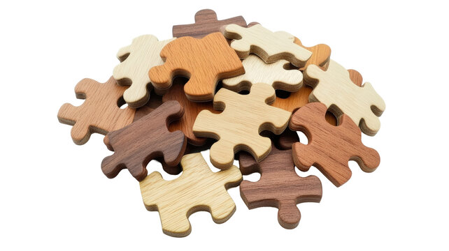 Isolated Assorted Wooden Puzzle Pieces Group
