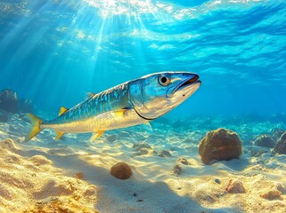 Fototapeta premium A high-resolution image showcasing a single, scrumptious mackerel aligned on the left side, leaving ample room for copy against an ocean-themed background, perfect for seafood market promotions