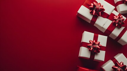 Elegant Red and White Gift Boxes Festive Holiday Presents Winter Season Celebration Presents Background Luxury Christmas Gifts Wrapped Packages Red   