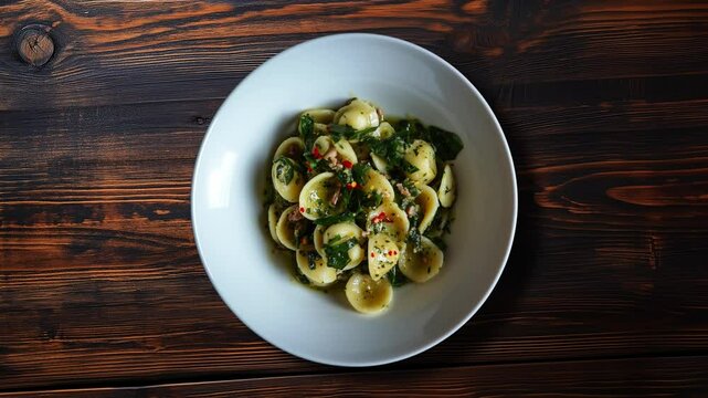 Orecchiette with turnip greens on wooden table, restaurant menu template