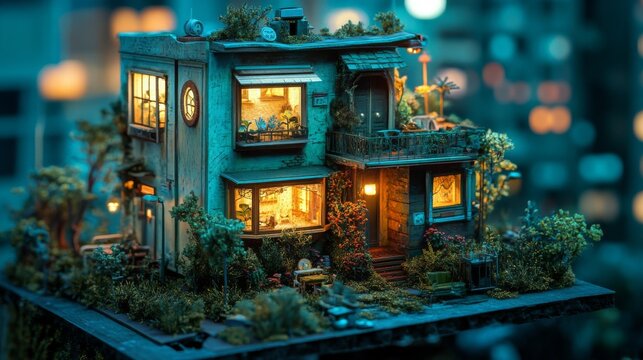 Immersive 3D architectural model showcases a captivating dark scene with masterful digital lighting and photorealistic detail
