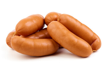 Boiled sausage, close-up, isolated on a white background.