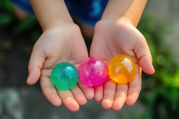 Hydrogel balls in kids hands for sensory play