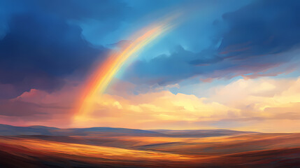 A breathtaking landscape featuring a vibrant rainbow arching over rolling hills under a dramatic sky. Weather Conditions. Illustration