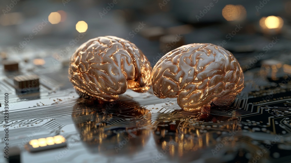 Poster the concept of big data and stocks is illustrated by a human brain shining from a processor, reflect