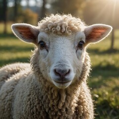 Gentle Sheep Portrait in Golden Sunlit Pastoral Setting