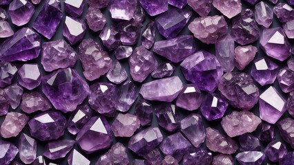 Fototapeta premium Purple amethyst stones on gray background