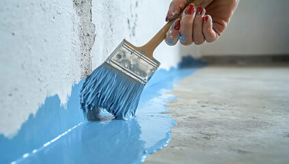 Applying waterproof sealant to basement wall for moisture protection.