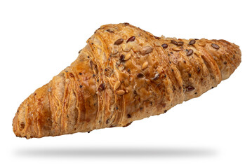 Croissant made with whole wheat flour and with cereal seeds isolated on white with clipping path included