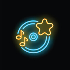 Neon sign representing a vinyl record with musical notes and a star, shining on a black background