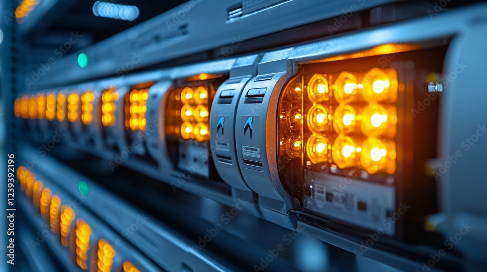 Poster data center server rack lights illuminate; background blurred