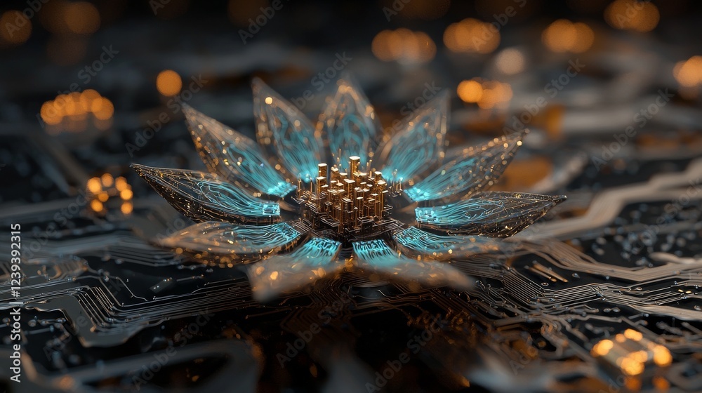 Poster 3d rendering of stock hardware with a glowing blue brain circuit on a microchip atop a computer moth
