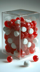 A transparent gift box filled with red and white candies against pure white background.