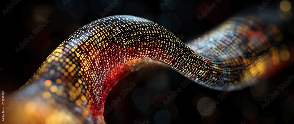 Poster Terabytes of binary code data flow through a stream of information. A wavy field of coded blockchains stretches before you. A 3D illustration of a neural network with interconnected points and