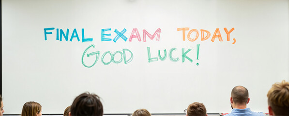 Students with anxious expressions preparing for final exam in classroom with inspiring message