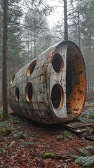 An unusual abandoned structure stands silently in a dense forest, partially covered in moss. Its rusty exterior reveals circular openings, hinting at a once-functional purpose