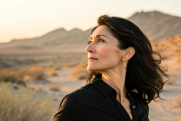 Fototapeta premium Woman Contemplating in a Desert Landscape at Sunset