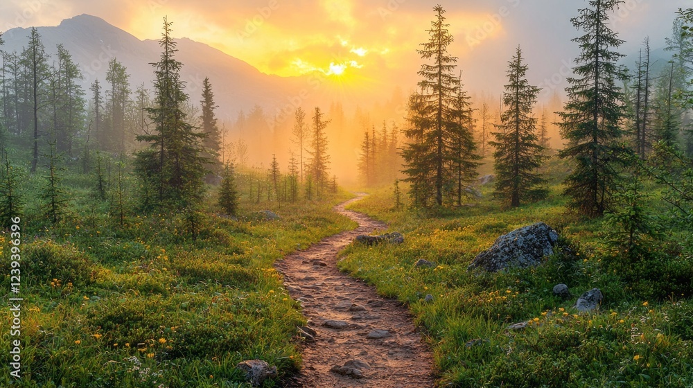Poster a winding path cuts through a dense forest, surrounded by tall pine trees and vibrant wildflowers. t