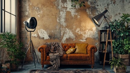 Vintage loft interior with leather sofa and artistic decor