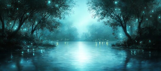 Obraz premium A midjourney Stock depiction of a blue, romantic fantasy landscape by a lake.