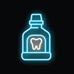 Glowing neon line mouthwash bottle icon isolated on black background. Rinsing liquid. Oral care concept. Vector illustration
