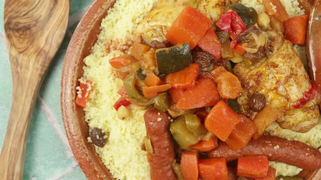 gros plan sur un plat du couscous au poulet et merguez