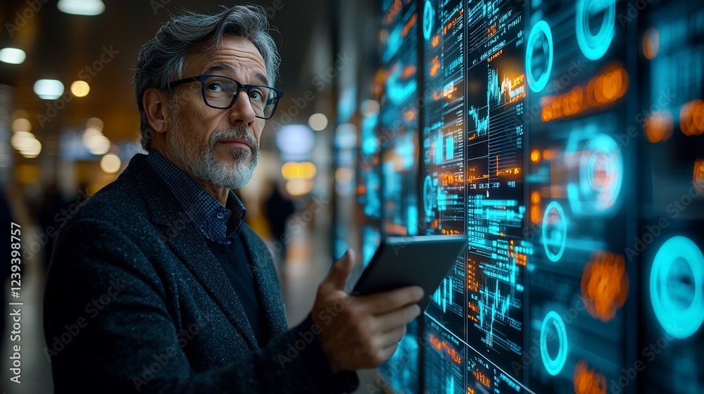 Poster Analyst reviewing data on digital screen in transit hub