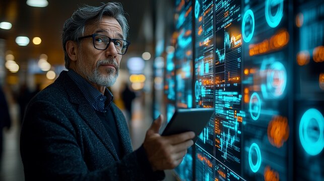 Analyst reviewing data on digital screen in transit hub