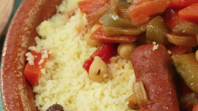 gros plan sur un plat du couscous au poulet et merguez