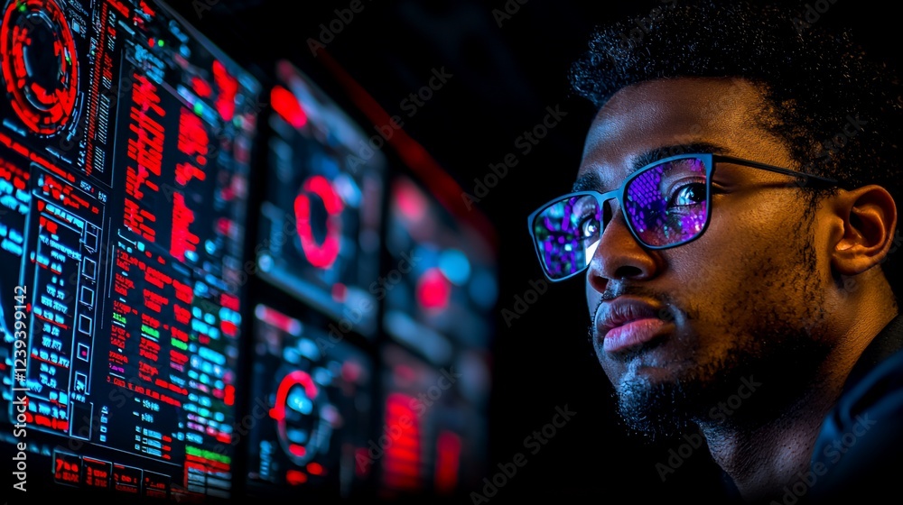 Poster Focused programmer analyzing data on large monitor, dark room