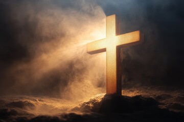 Light shines through fog over a luminous cross in a serene and ethereal landscape captures a moment of reflection and hope at dawn