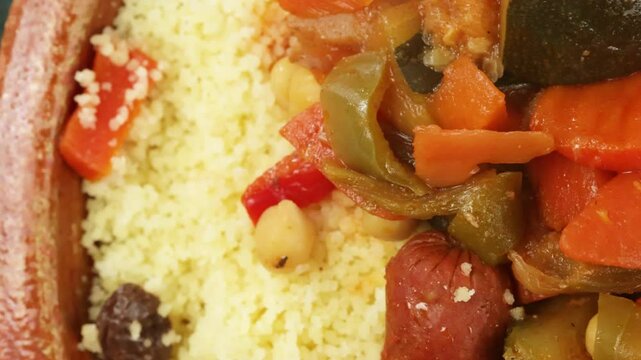 gros plan sur un plat du couscous au poulet et merguez