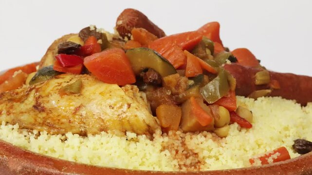 gros plan sur un plat du couscous au poulet et merguez, isol&eacute; sur un fond blanc