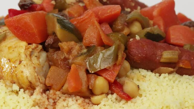 gros plan sur un plat du couscous au poulet et merguez, isol&eacute; sur un fond blanc