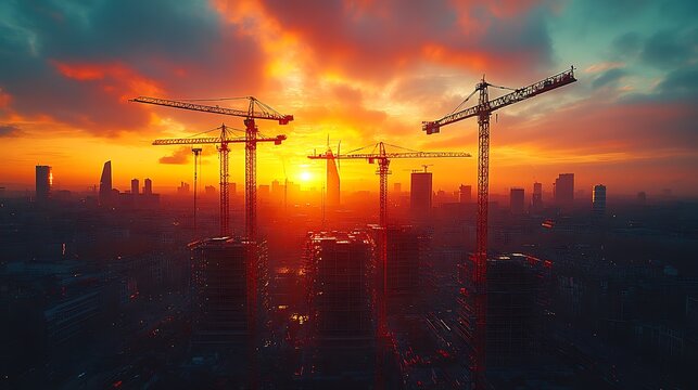 A vibrant sunset paints the sky above a bustling cityscape. Silhouetted against the fiery hues, several construction cranes reach towards the heavens, their mechanical limbs poised for action