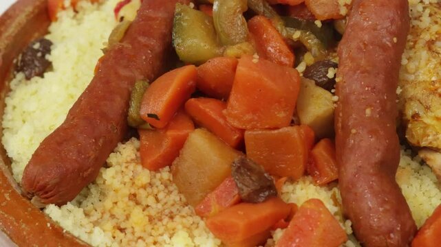 gros plan sur un plat du couscous au poulet et merguez, isol&eacute; sur un fond blanc