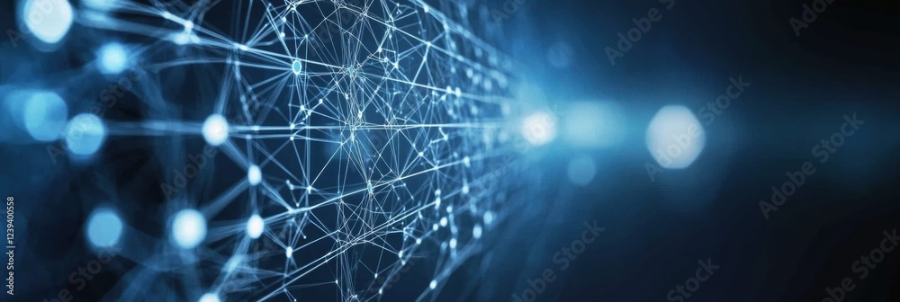 Poster dark blue background with white lines and hexagons representing technology, data flow, or a digital 