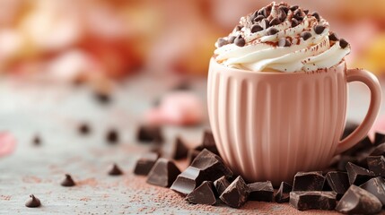 Warm chocolate delight in a cozy setting with whipped cream, chocolate chips, and cocoa powder creating a rich, inviting experience during autumn