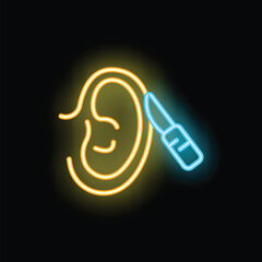 Neon glow icon of ear surgery with scalpel representing otoplasty and ear correction