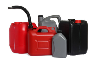 Many different plastic canisters isolated on white