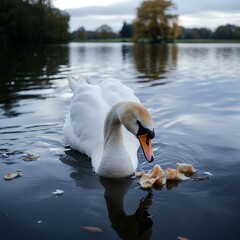 White swan on the lake with bread crumbs in its beak