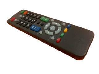 Black TV remote control isolated on a white background