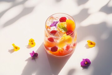 Playful drink featuring assortment of fruit pieces bright edible flowers, served in quirky, uniquely-designed glass. Drink presented on bright and clean surface with ample negative space around it